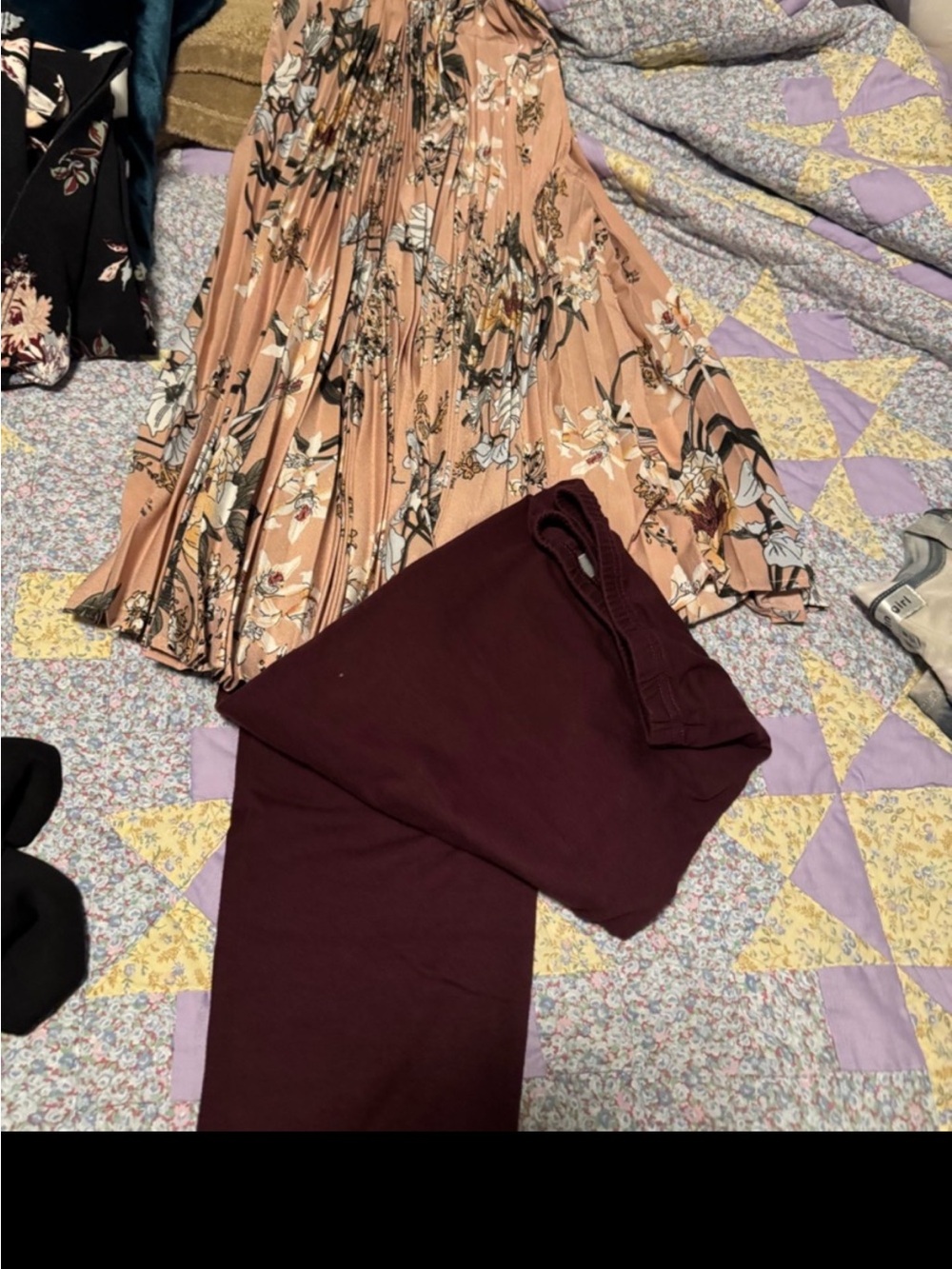 Floral Pleated Midi Skirt with Burgundy Knit Top